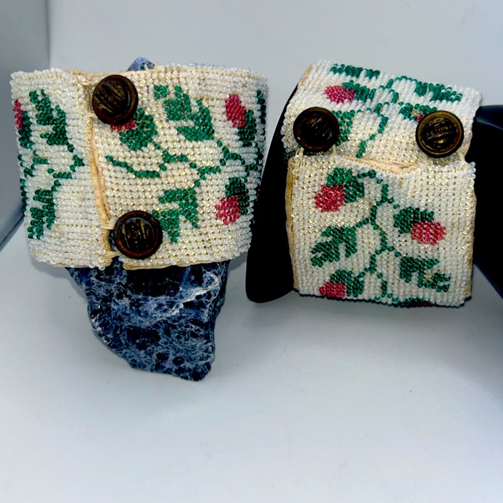 Antique Pair Wrist Cuffs Woven Beaded Floral Silk Back Brass Button Closure 8”L